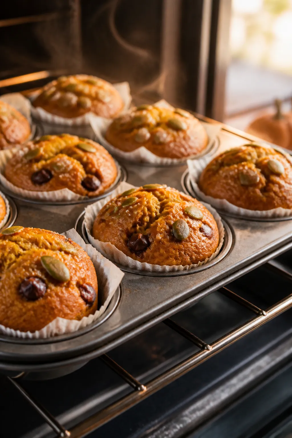 Close-up detail shot of freshly baked flourless pumpkin muffins just out of the oven, still in a lin