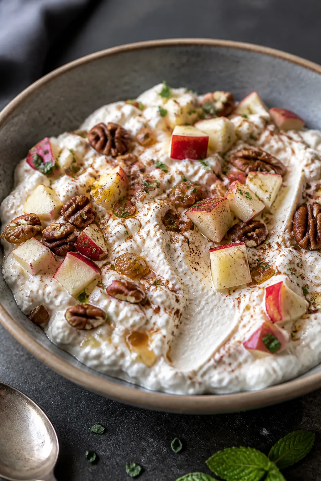 Close-up, final plated presentation of the chilled salad in a shallow, wide-rimmed ceramic bowl: cre