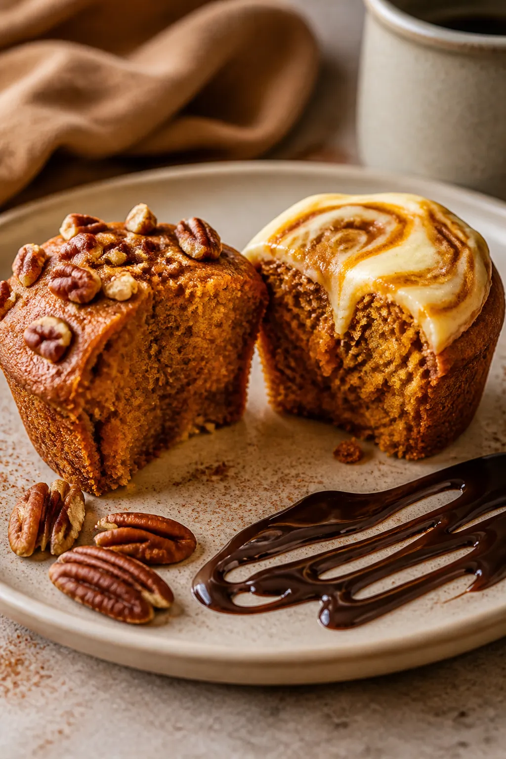 Close-up, hero plate presentation of two flourless pumpkin muffins split open to showcase the ultra-