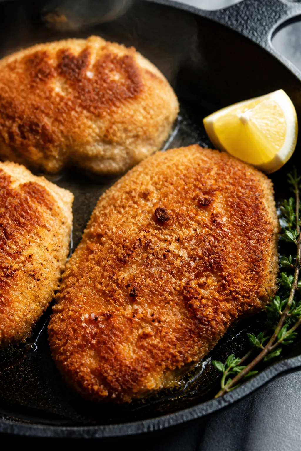 Close-up, in-process shot of almond-crusted chicken cutlets sizzling in a cast-iron skillet, showing