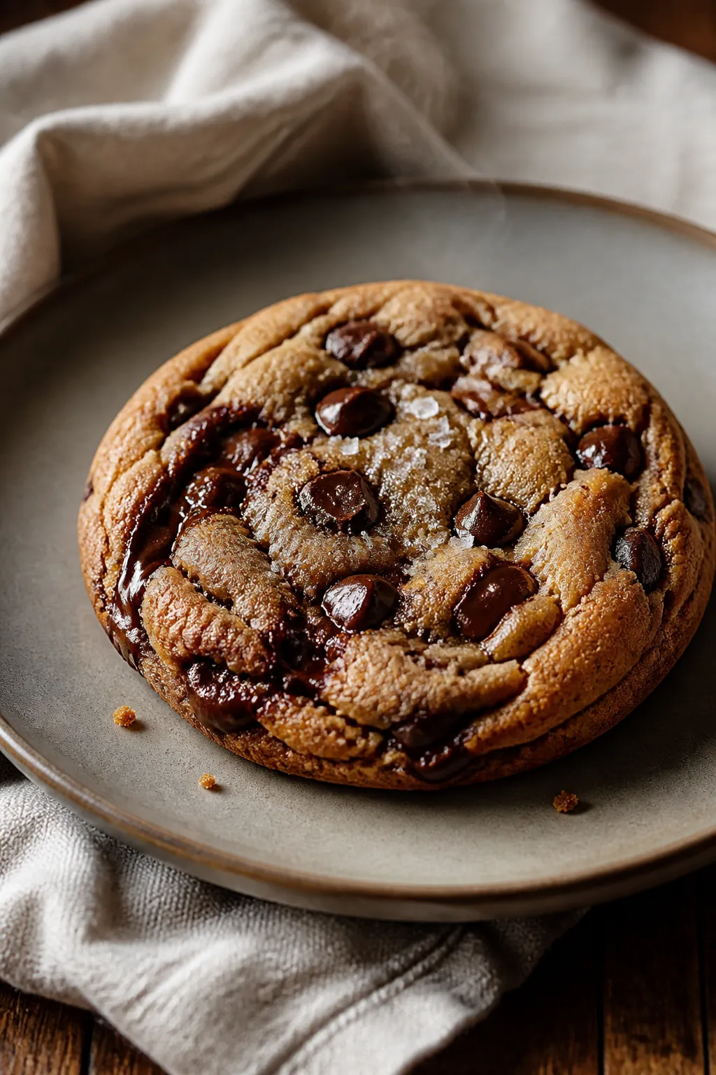 Close-up, of a single bakery-style chocolate chip cookie on a matte ceramic plate, perfectly round f