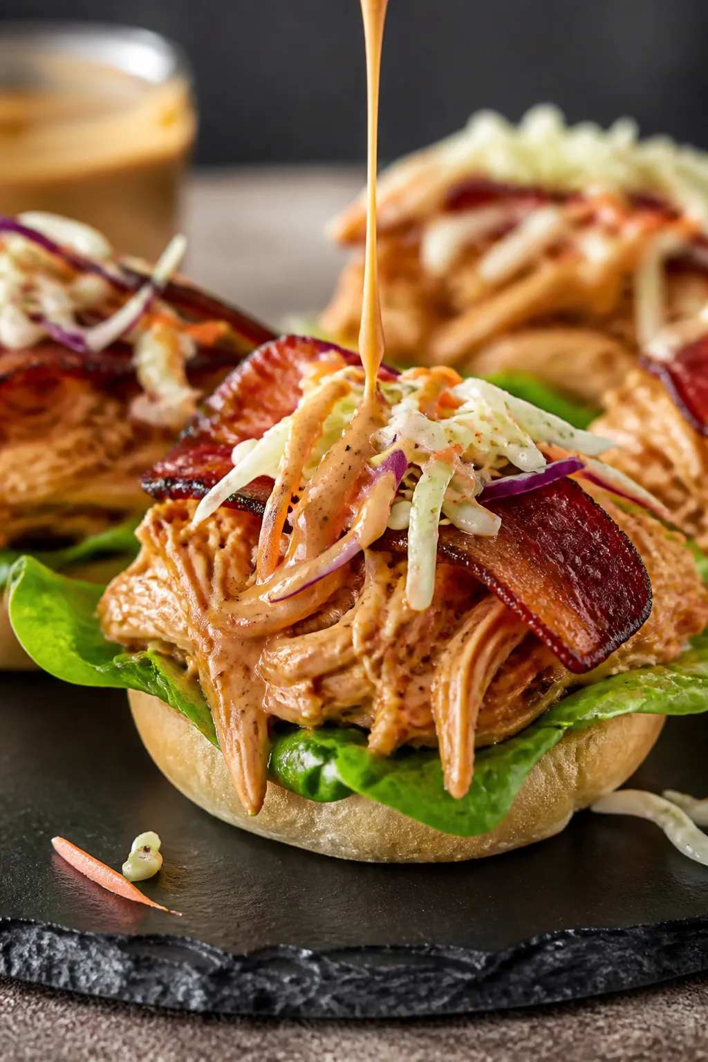 Close-up process detail of the sauced chicken being assembled on the slider bases: bottom halves of 