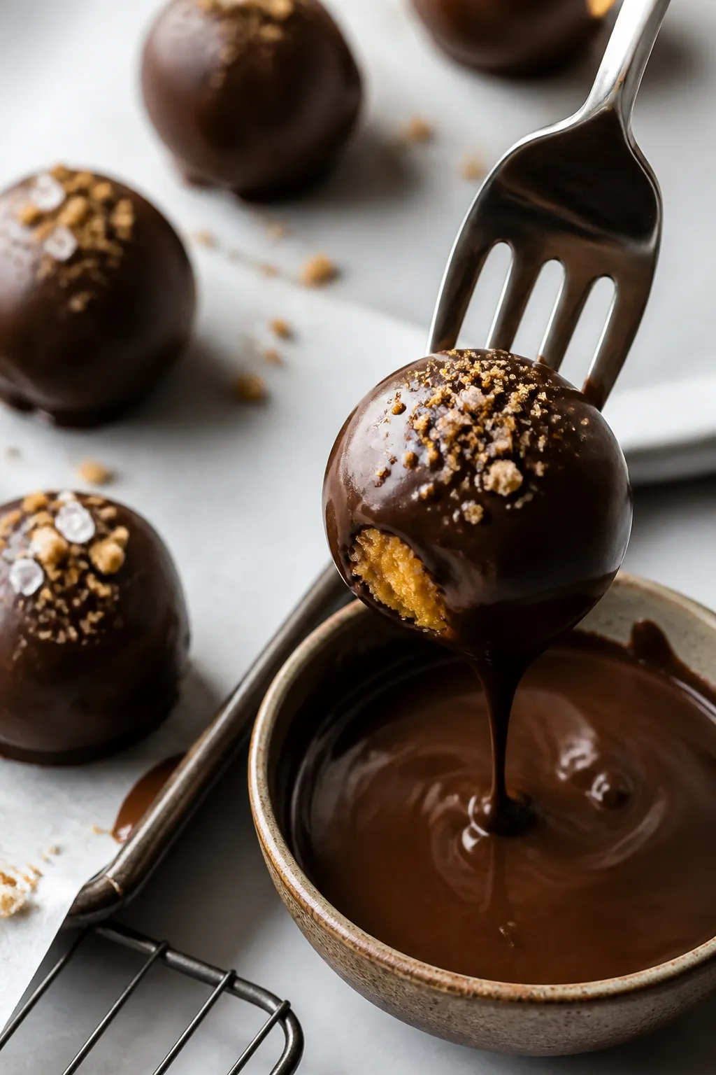 Close-up process shot: Chilled pumpkin cheesecake truffle being dipped in glossy dark chocolate usin