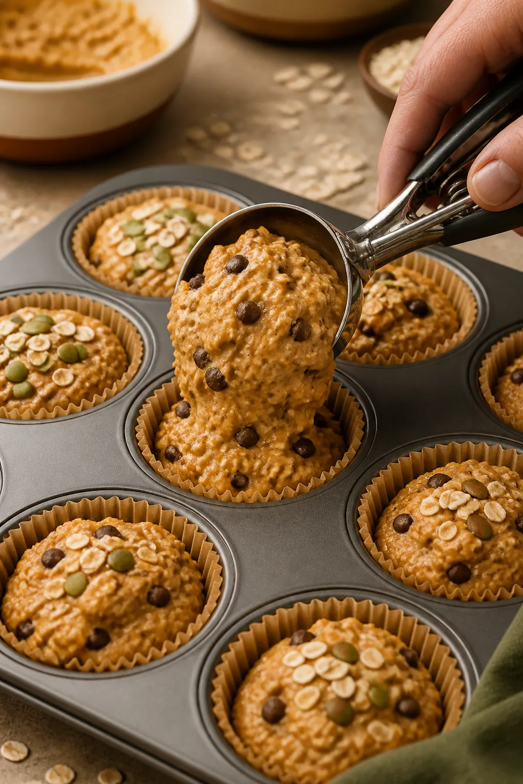 Close-up, three-quarter angle process shot of thick, scoopable pumpkin-oat batter being portioned in