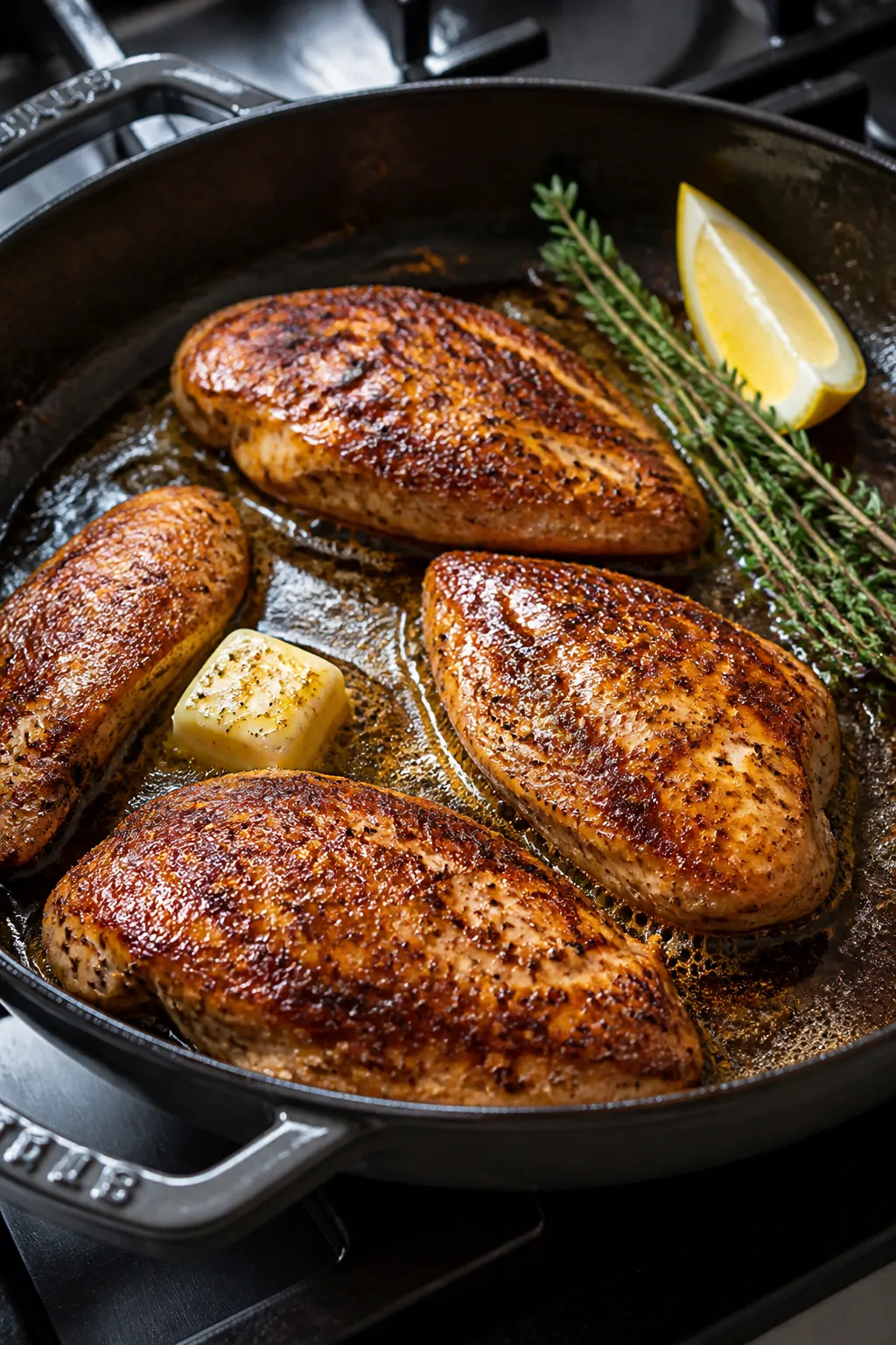 Cooking process, close-up detail: Golden-brown chicken breasts searing in a large oven-safe skillet,