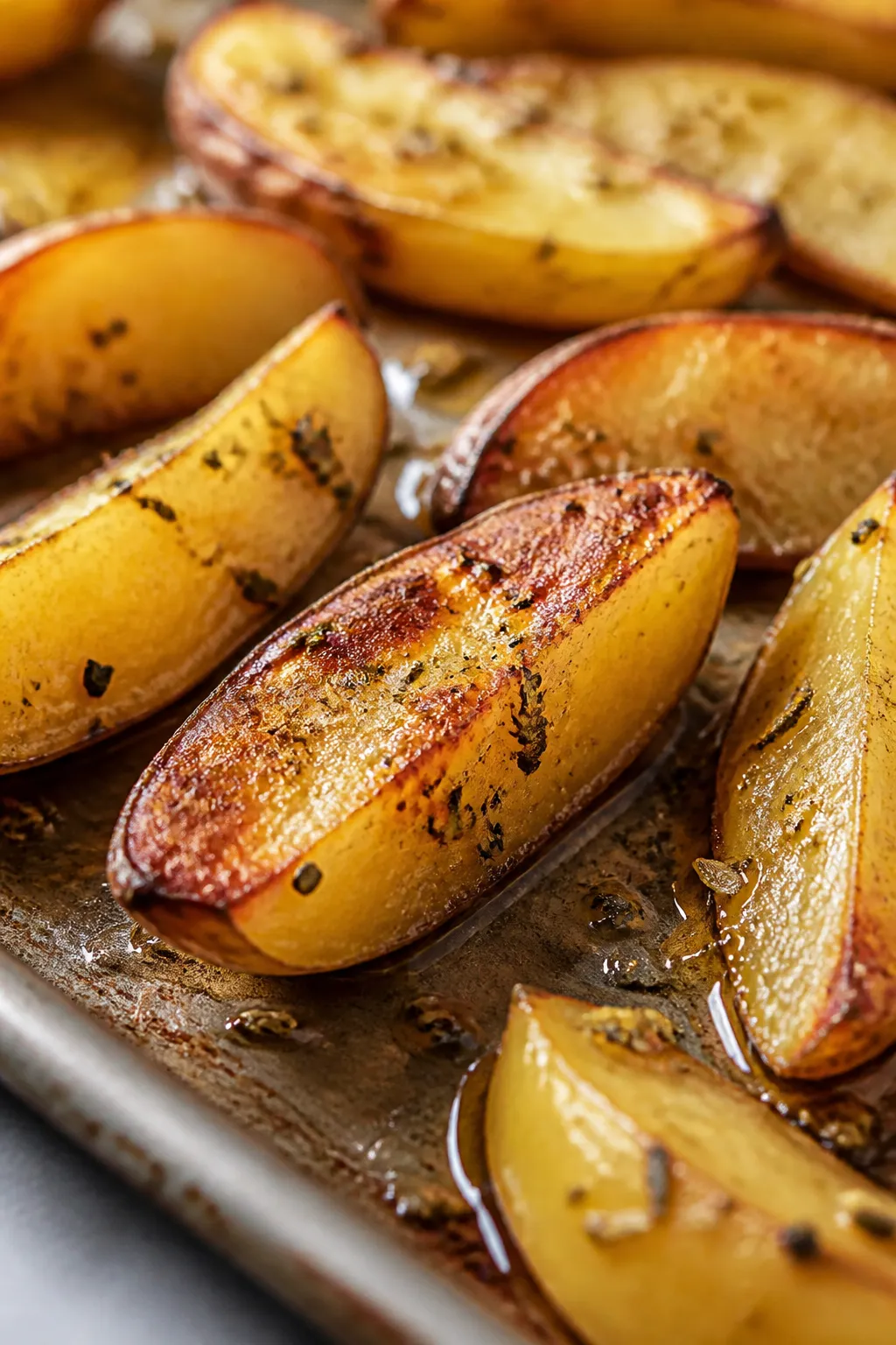 Cooking process, close-up detail: Roasted Greek-style lemon potatoes midway through the crisping pha