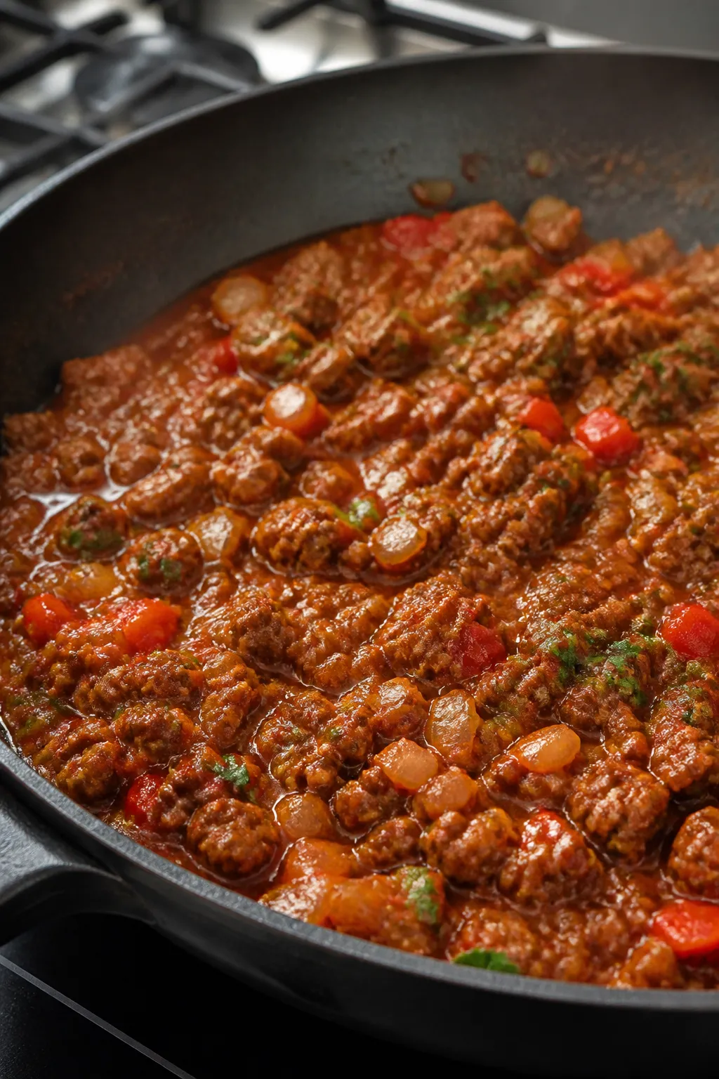 Cooking process, close-up detail: Sizzling ground beef mixture in a large skillet mid-simmer, showin
