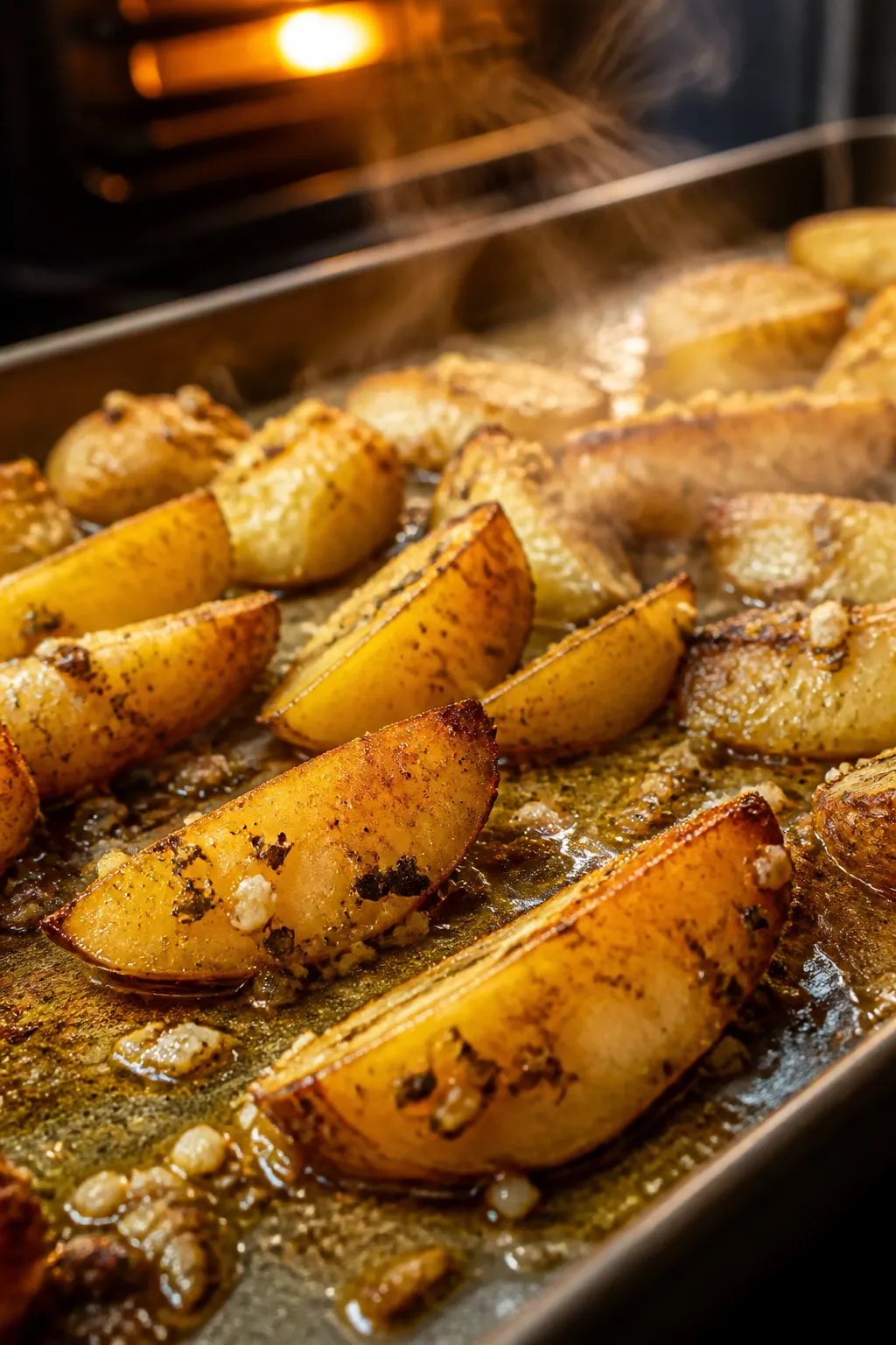 Cooking process close-up: Golden, parboiled potato wedges just flipped on a preheated rimmed baking 