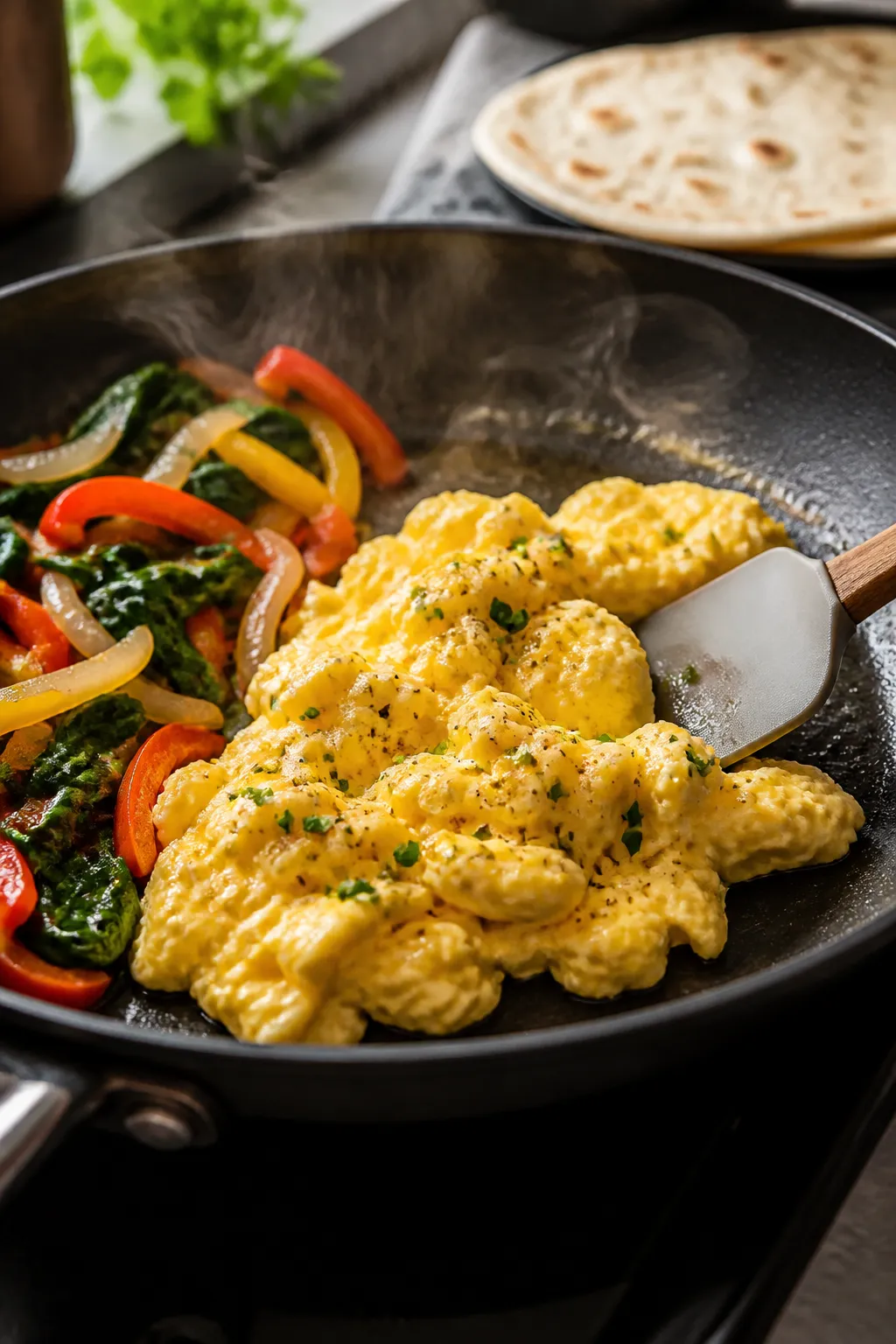 Cooking process close-up: Soft-scrambled eggs just set and glossy in a nonstick skillet, gentle fold