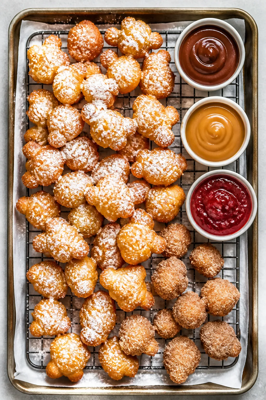 Final dish, tasty top view: Overhead shot of a parchment-lined wire rack set over a sheet pan holdin