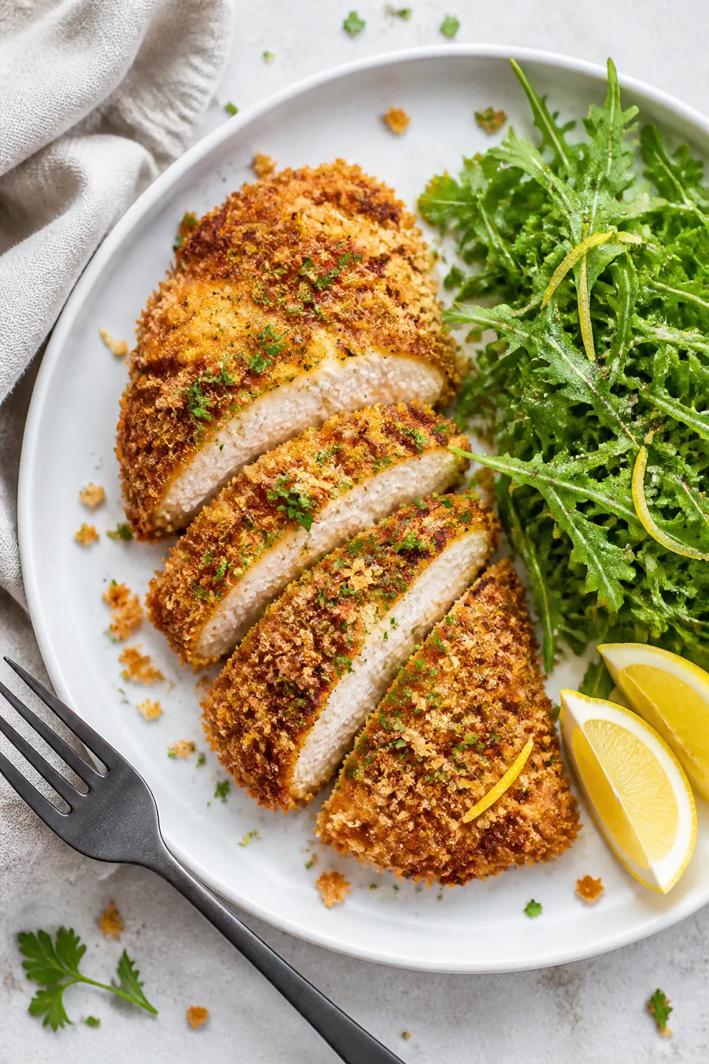 Final dish, tasty top view: Overhead shot of beautifully plated Parmesan Crusted Chicken with Mayo o