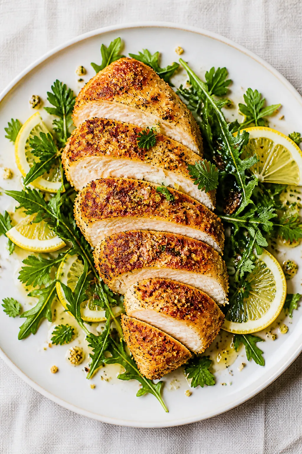 Final dish, tasty top view: Overhead shot of juicy Parmesan crusted chicken breast sliced to reveal
