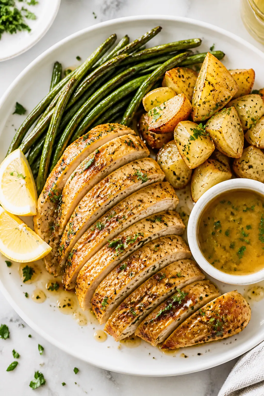 Final dish, tasty top view: Overhead shot of sliced, juicy roasted chicken breast fanned on a white 