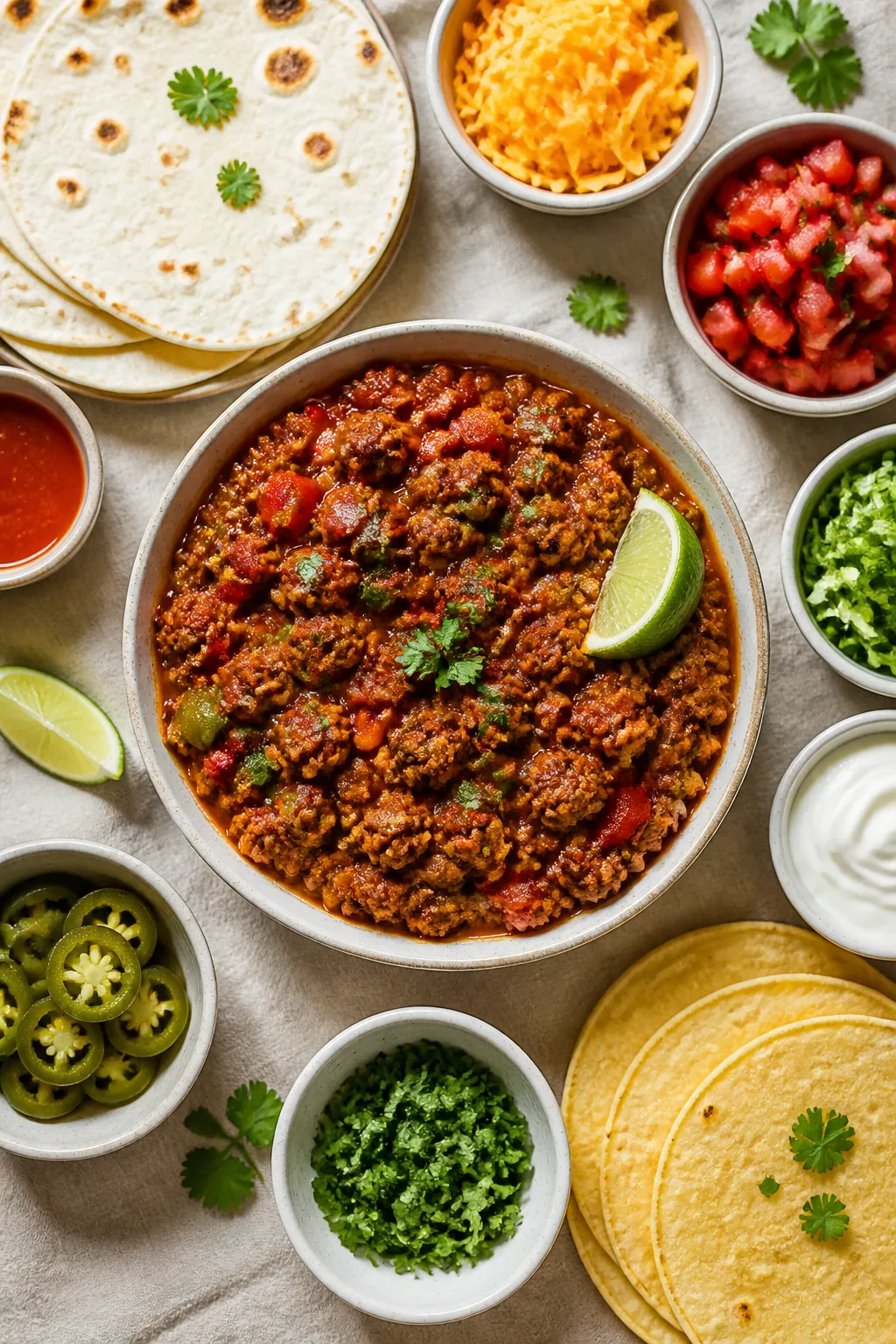 Final dish, tasty top view: Overhead shot of the finished ground beef served taco-night style—warm