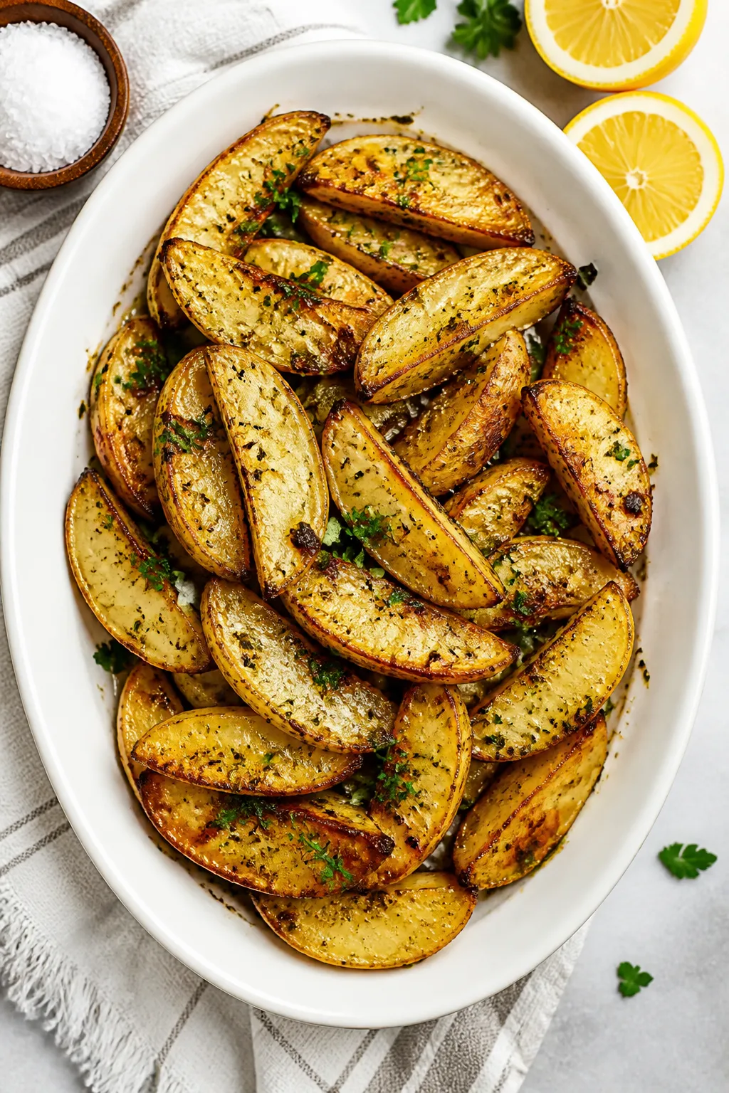 Final dish, top view: Overhead shot of Greek-style lemon potatoes plated family-style in a wide, whi