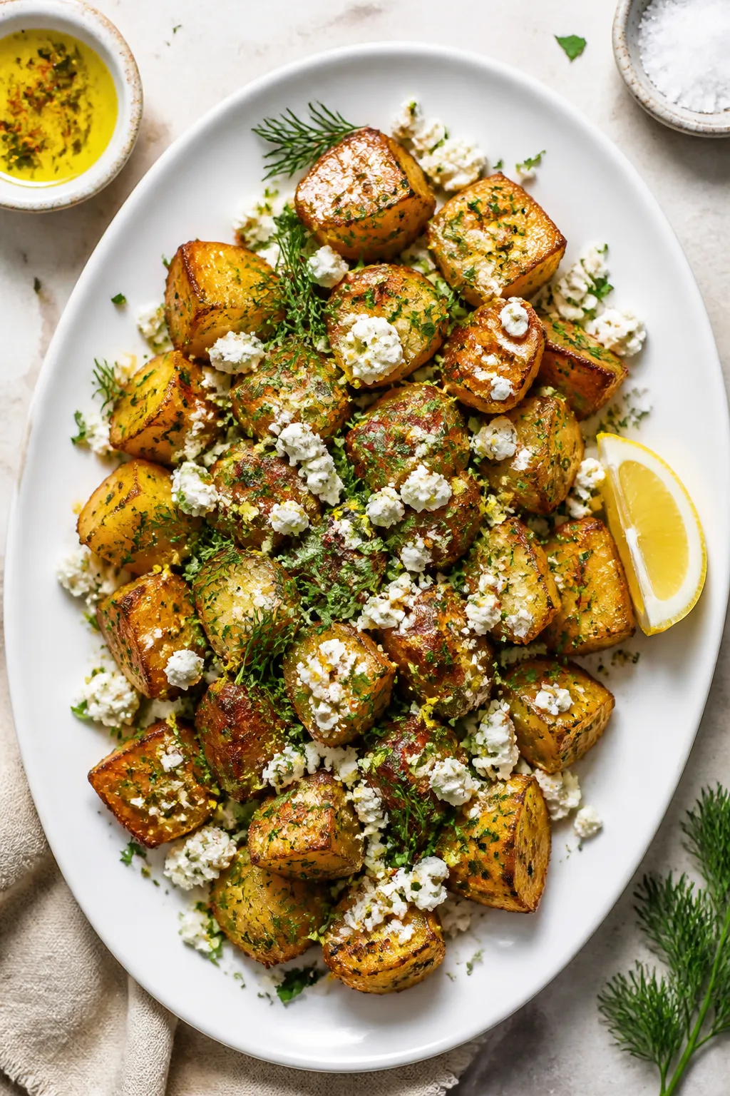 Final plated overhead: Greek feta roast potatoes arranged on a wide white platter, deeply golden and