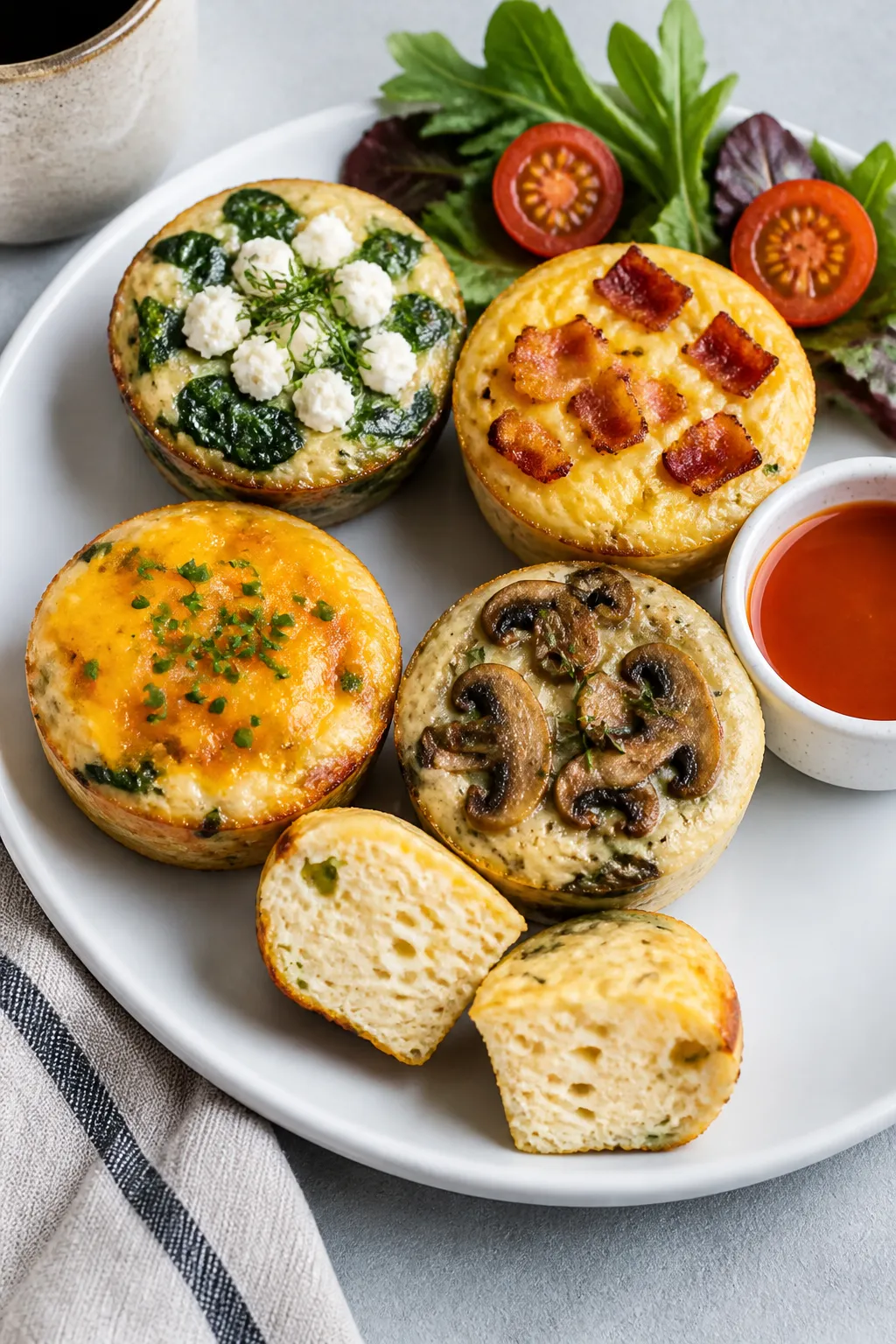 Final plated, tasty top view: Overhead shot of assorted egg bites trio on a matte white plate—Spin