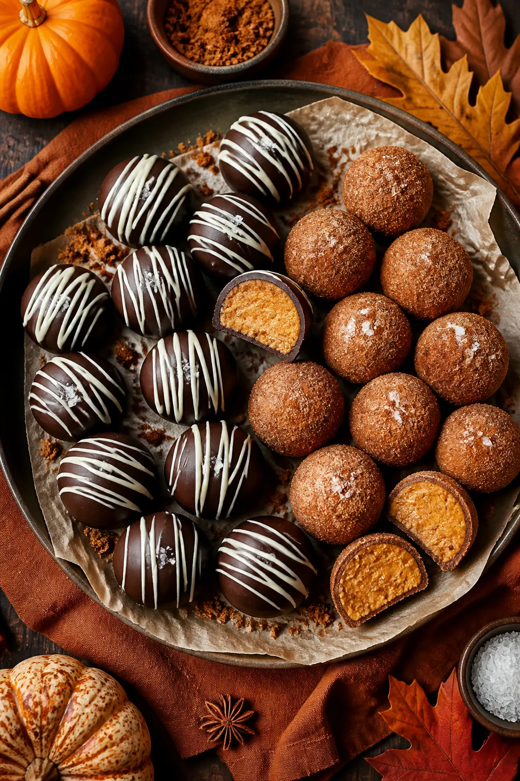 Overhead final presentation: A dessert board of finished pumpkin cheesecake truffles—half coated i