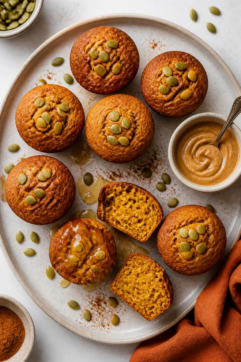Overhead final presentation of flourless pumpkin muffins arranged on a matte ceramic platter with a 