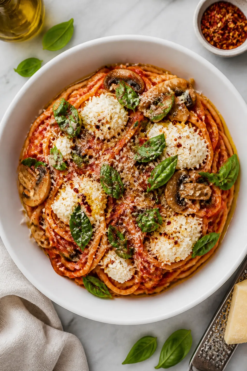 Overhead final presentation of the plated pasta dinner: a wide white bowl filled with spaghetti coat