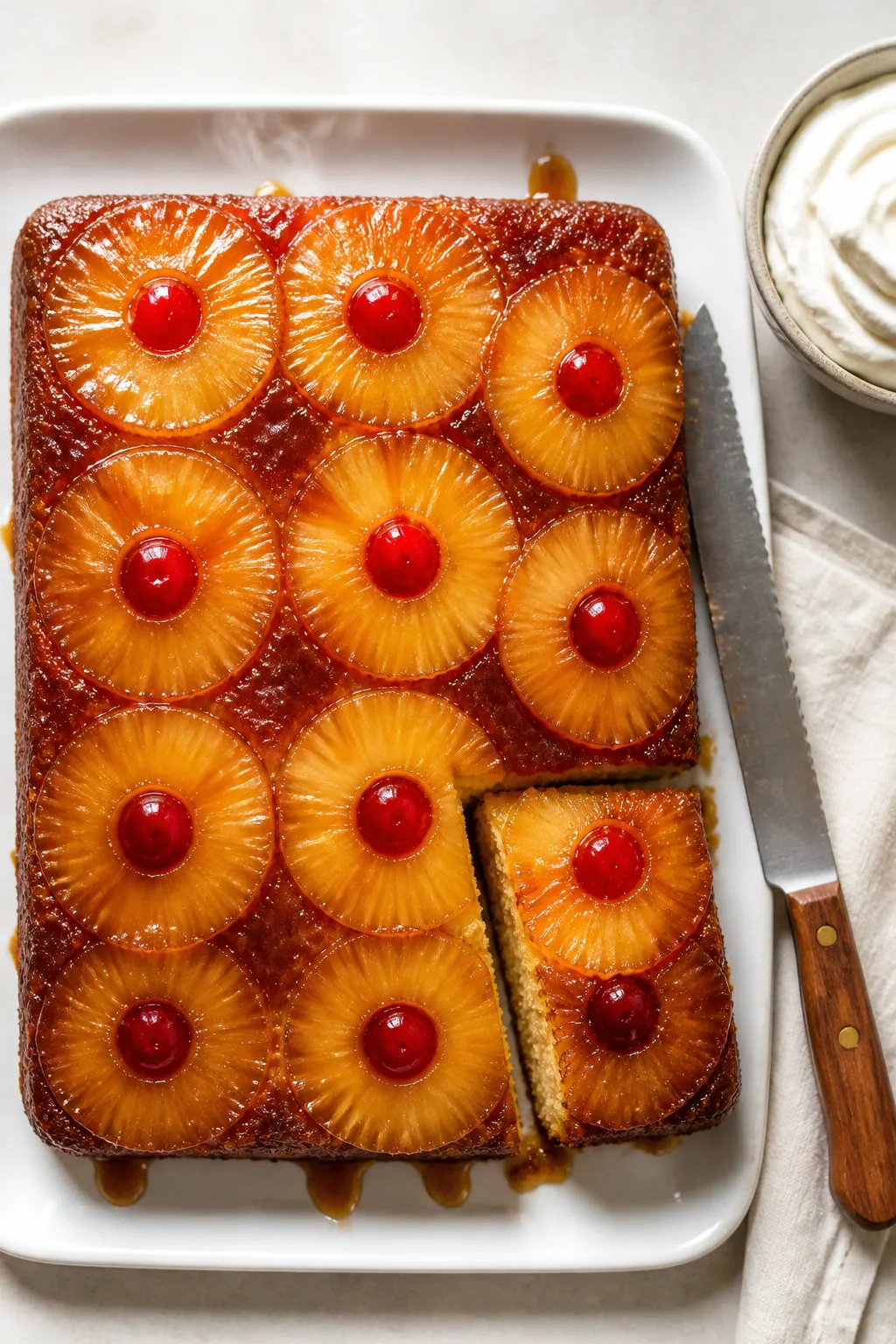 Overhead shot of a freshly flipped pineapple upside down cake still warm on a white platter, glossy 