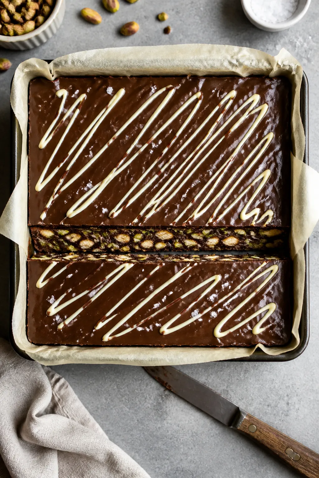 Overhead shot of a glossy no-bake chocolate slab just set in a parchment-lined 8-inch square pan, su