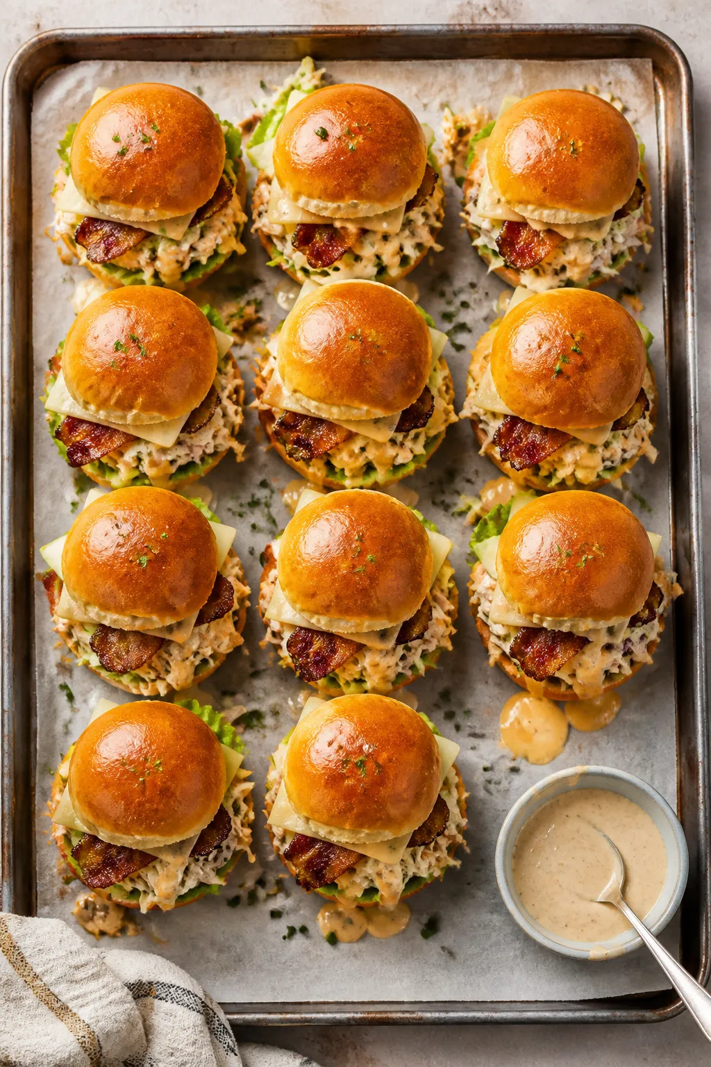 Overhead shot of a tray of assembled Maple Chicken and Bacon Sliders ready to serve: 12 golden Hawai