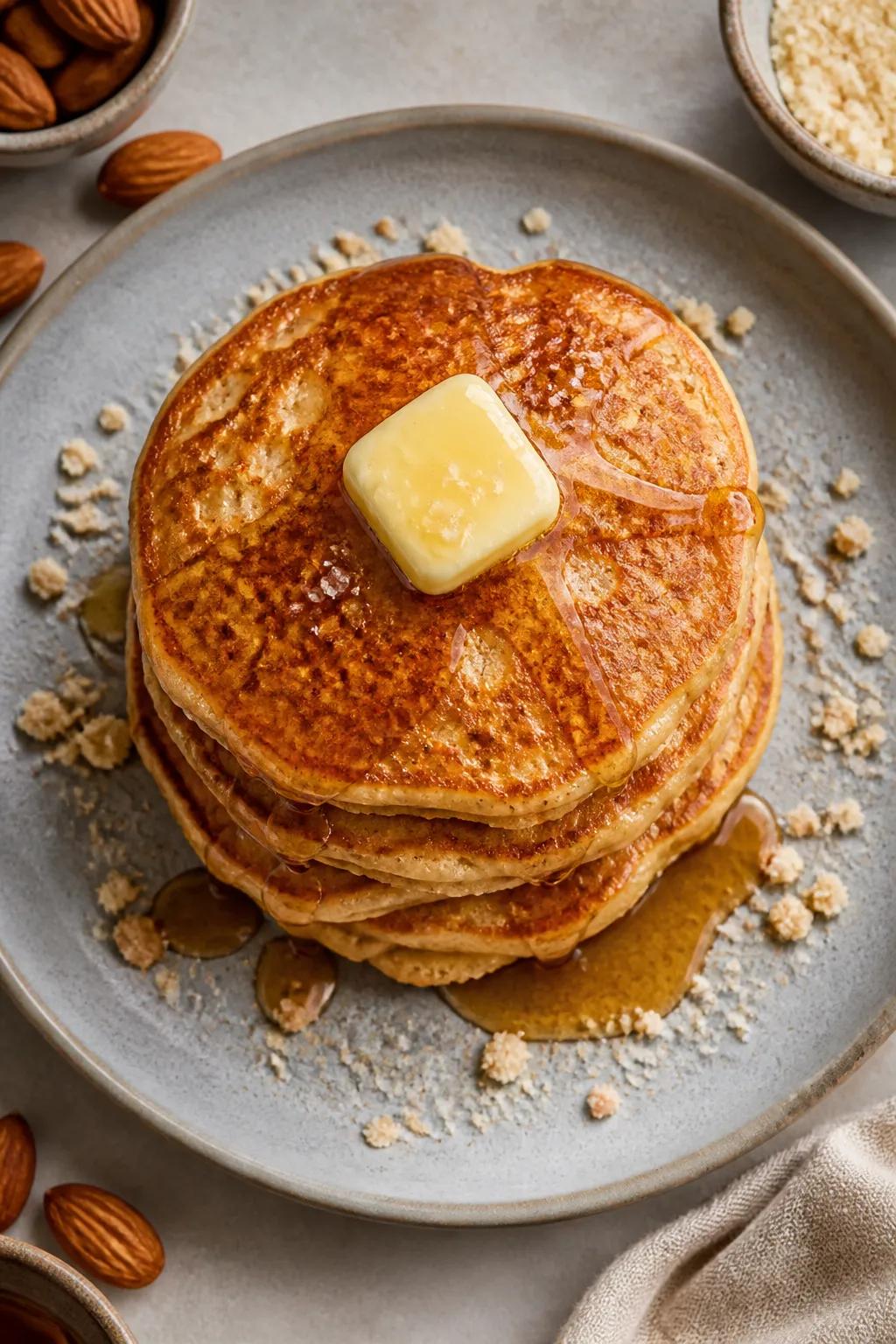 Overhead shot of freshly baked almond flour pancakes stacked high, golden edges and tender crumb vis