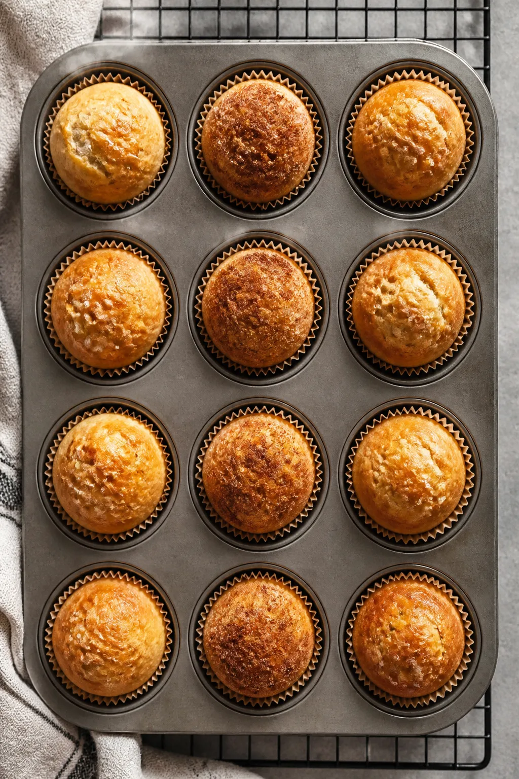 Overhead shot of freshly baked Bread Muffines in a 12-cup muffin tin just out of the oven, golden do