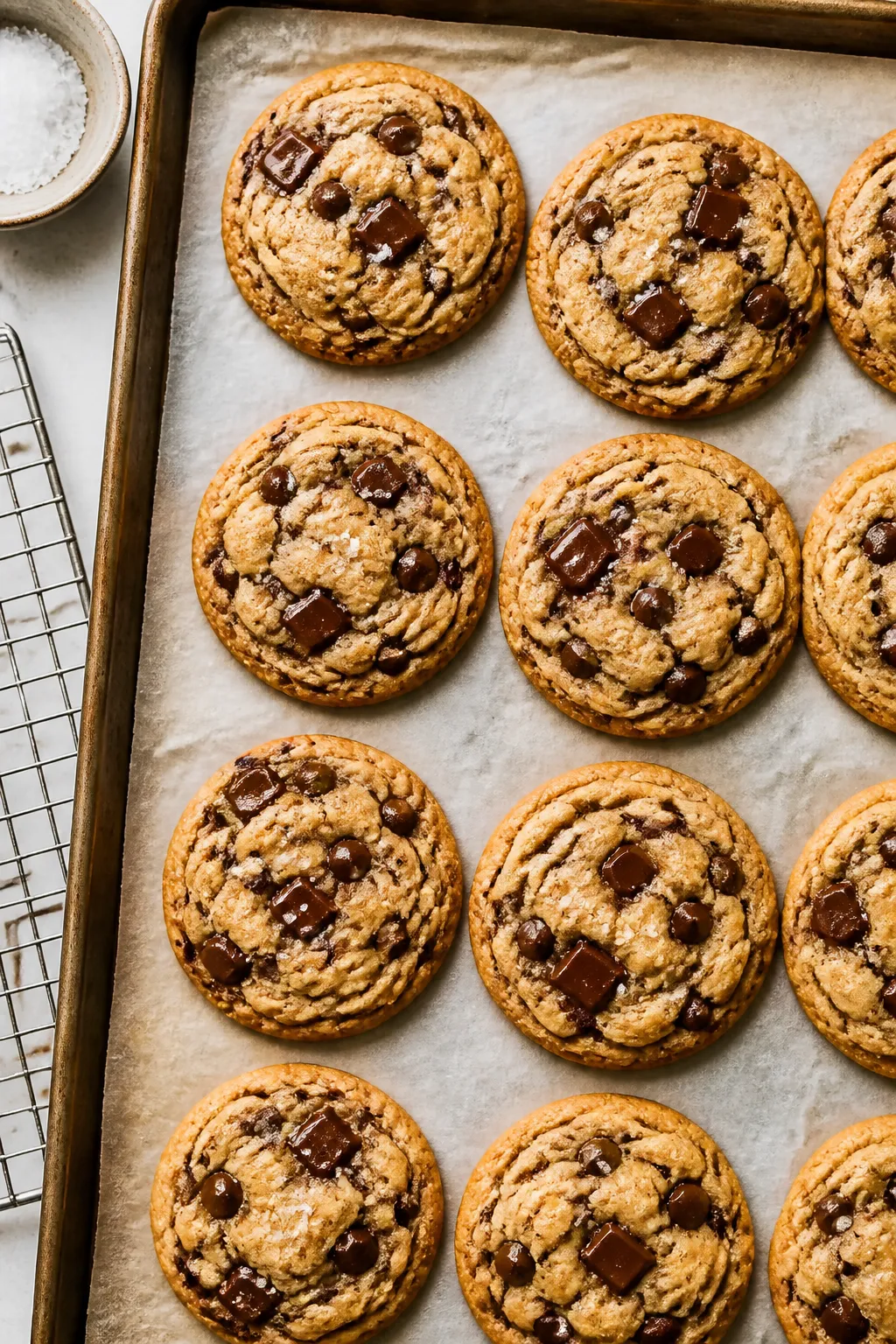 Overhead shot of freshly baked chocolate chip cookies just out of the oven on a parchment-lined shee
