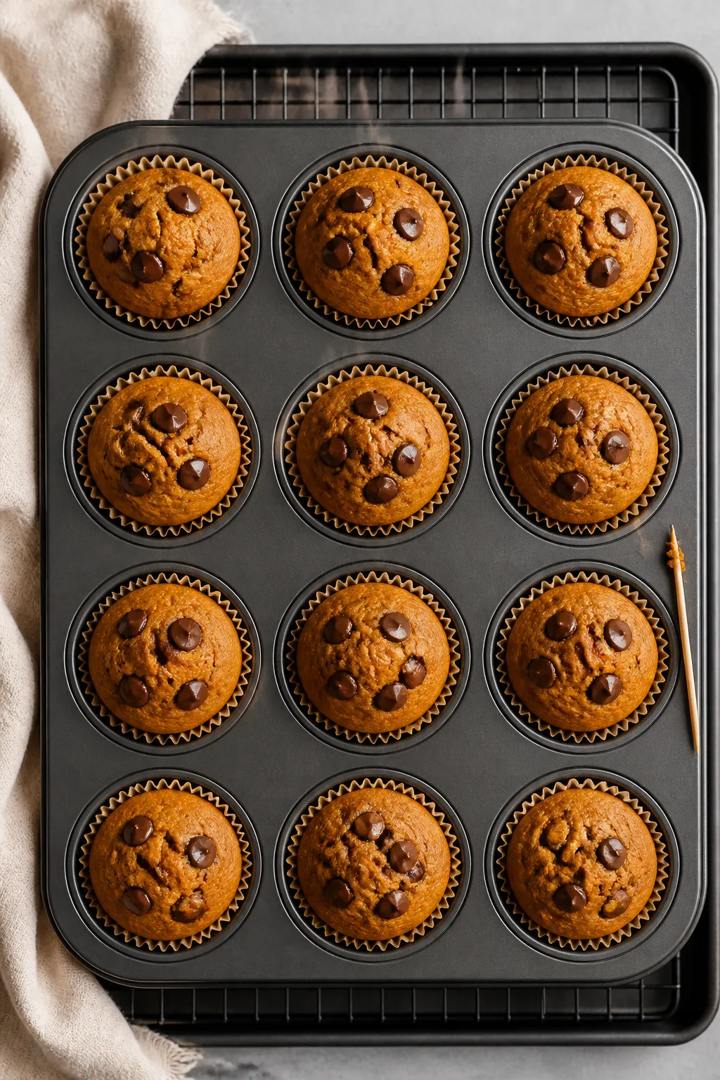 Overhead shot of freshly baked flourless pumpkin muffins cooling in a 12-cup tin on a wire rack, pap