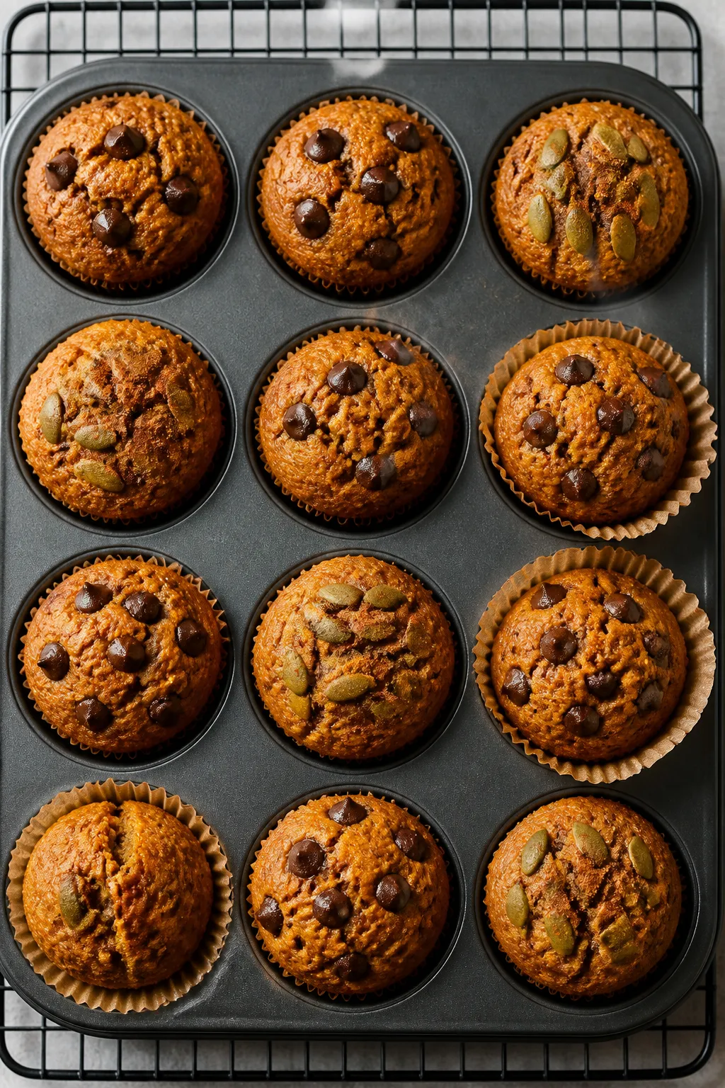 Overhead shot of freshly baked flourless pumpkin muffins cooling in a 12-cup tin on a wire rack, gol