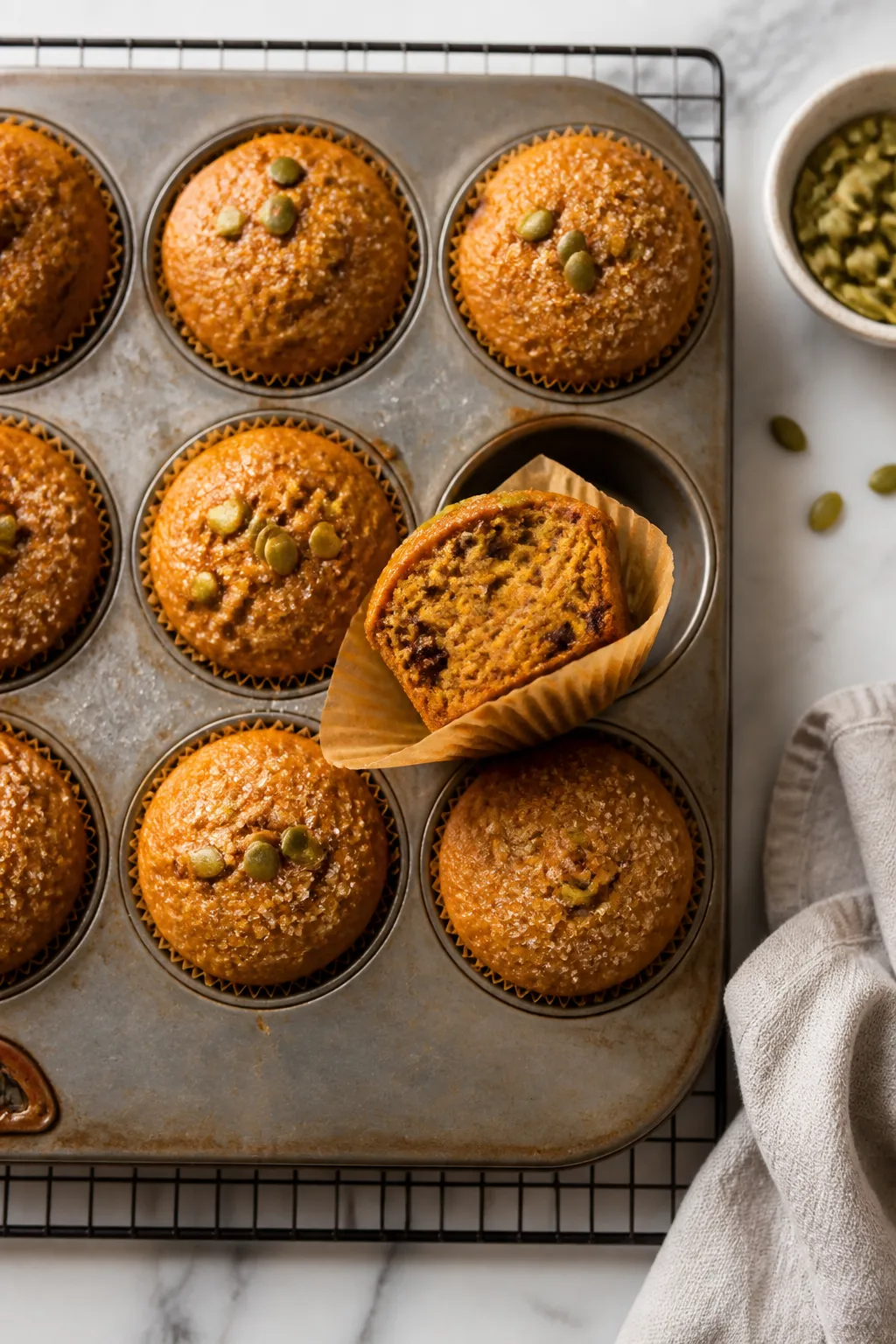 Overhead shot of freshly baked flourless pumpkin muffins cooling in a metal muffin tin on a wire rac