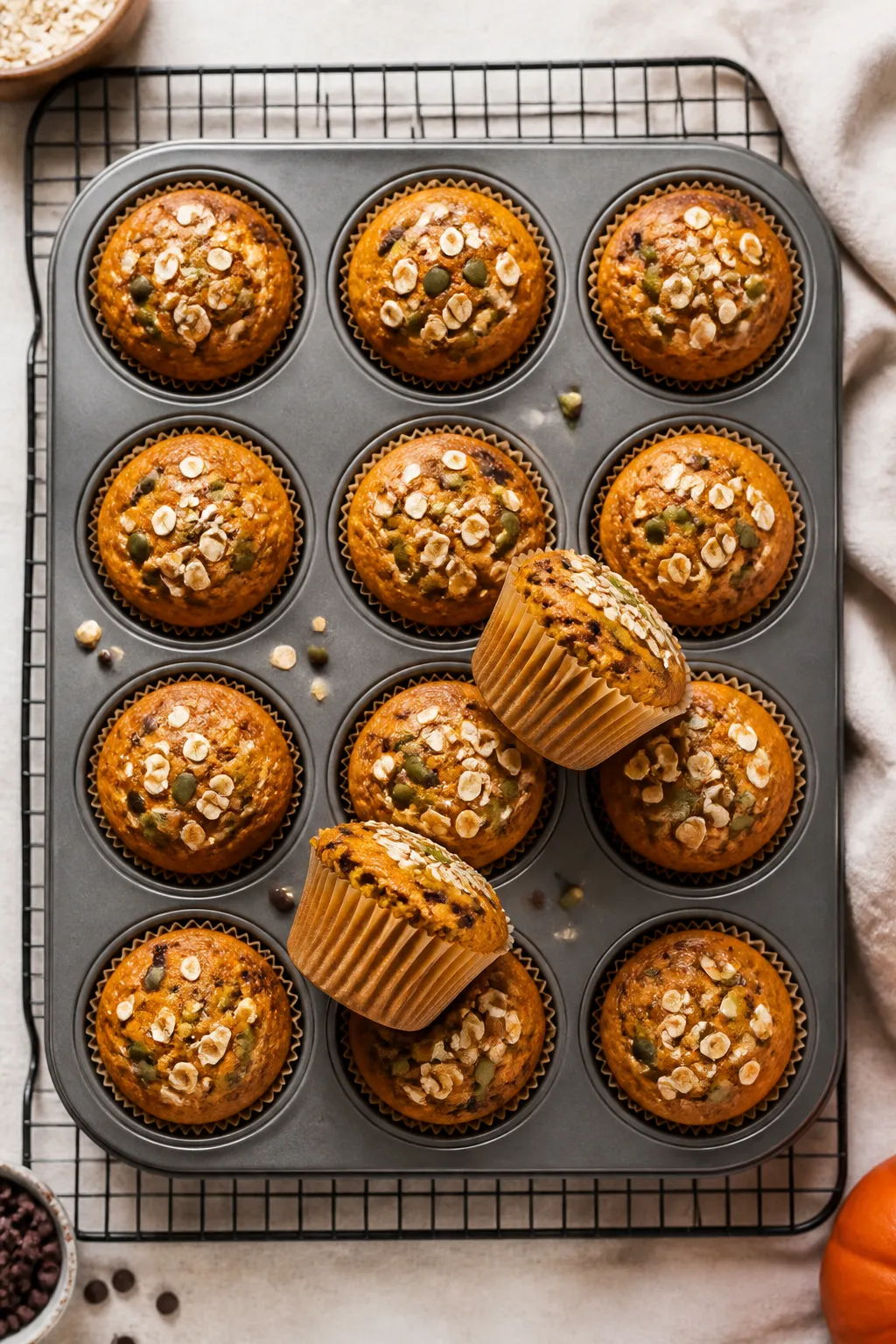 Overhead shot of freshly baked pumpkin protein muffins (flourless) cooling in a 12-cup tin on a wire